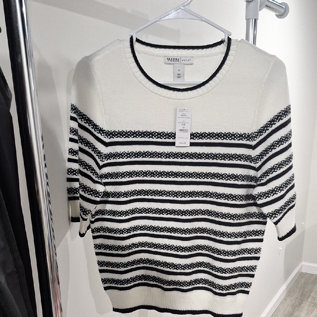 White House Black Market Black & White Striped Crewneck Sweater - Women
